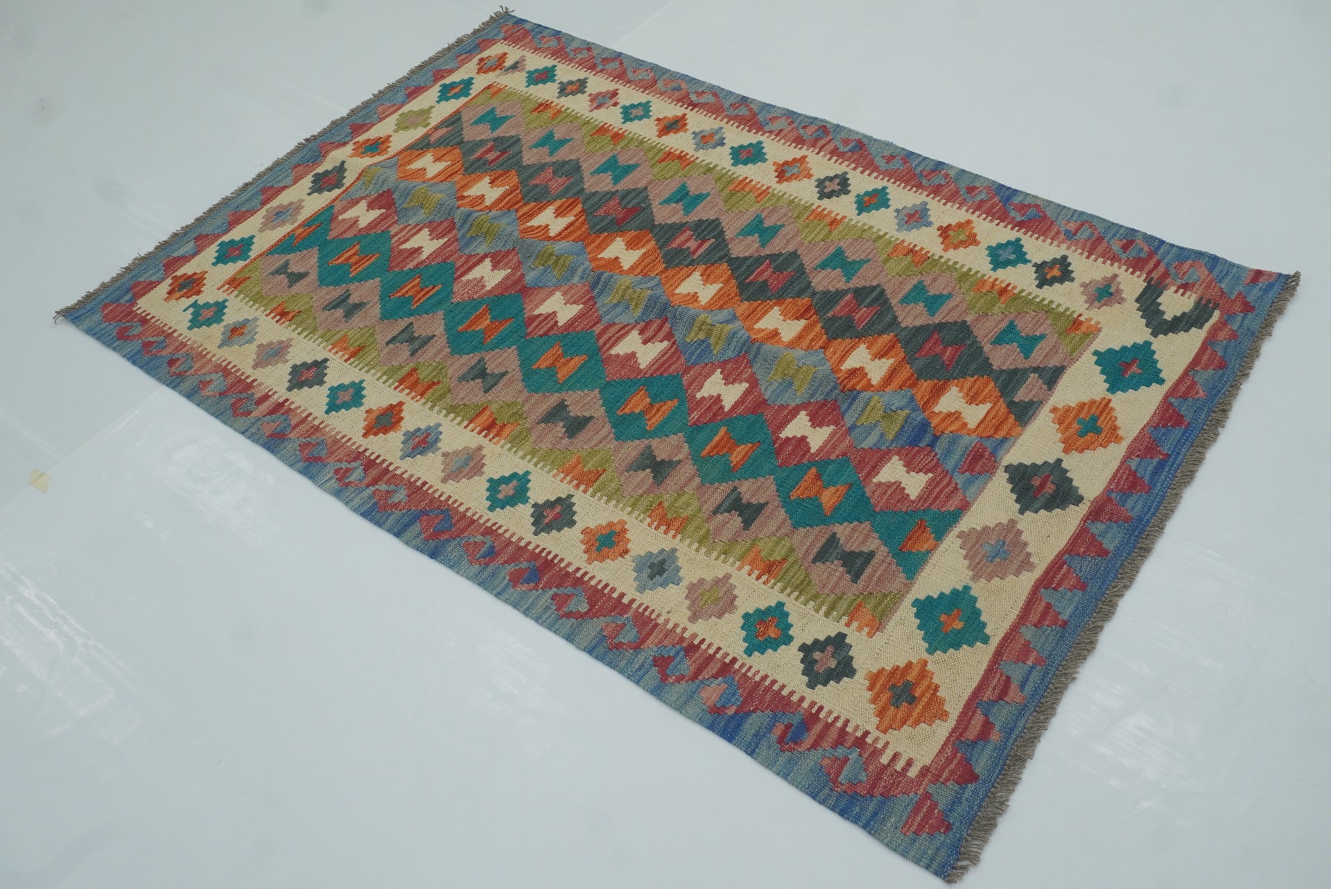 3x5 Blue Afghan Handmade Geometric Kilim Rug