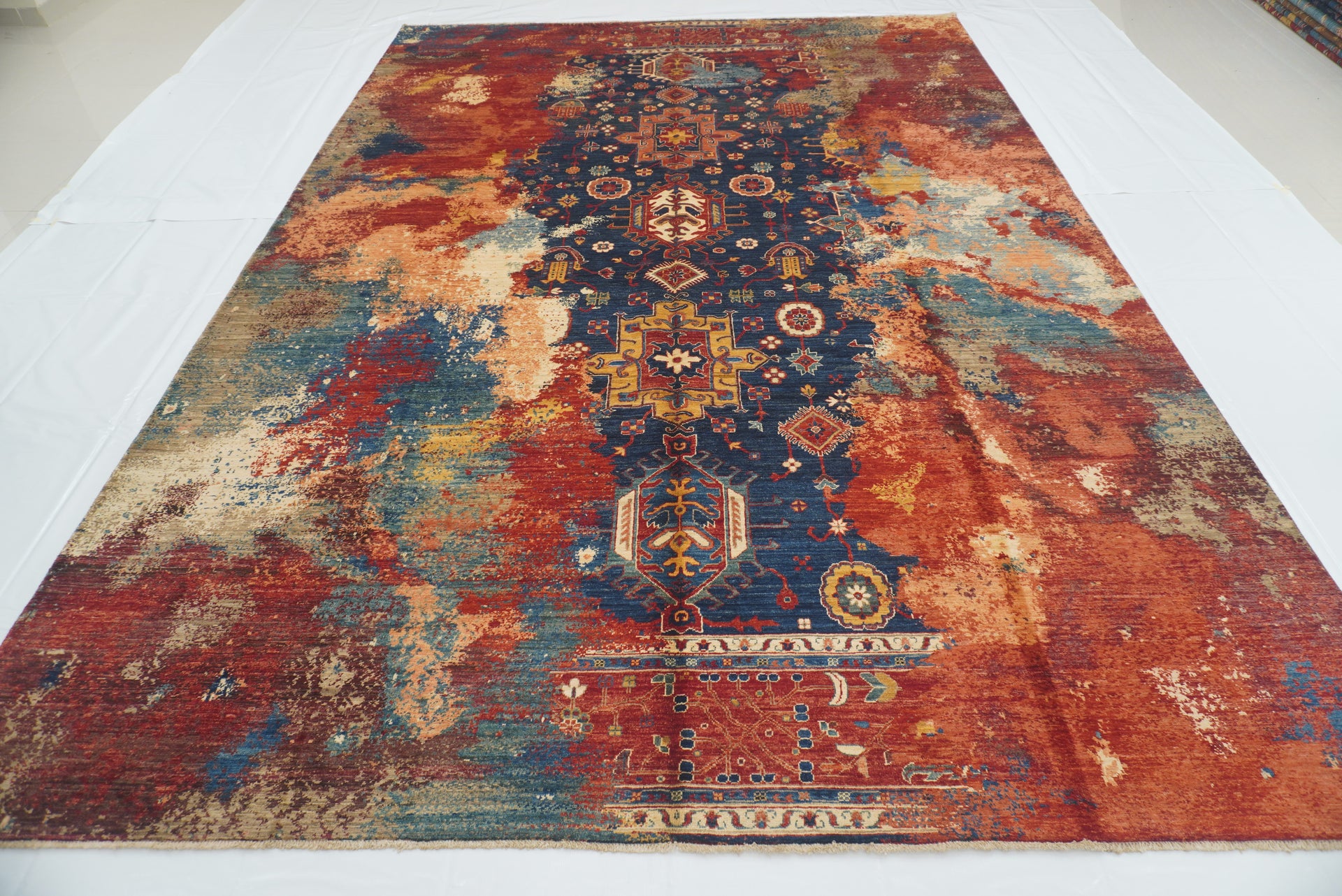 10x14 Navy Blue Karaja Afghan Hand-Knotted Modern Rug