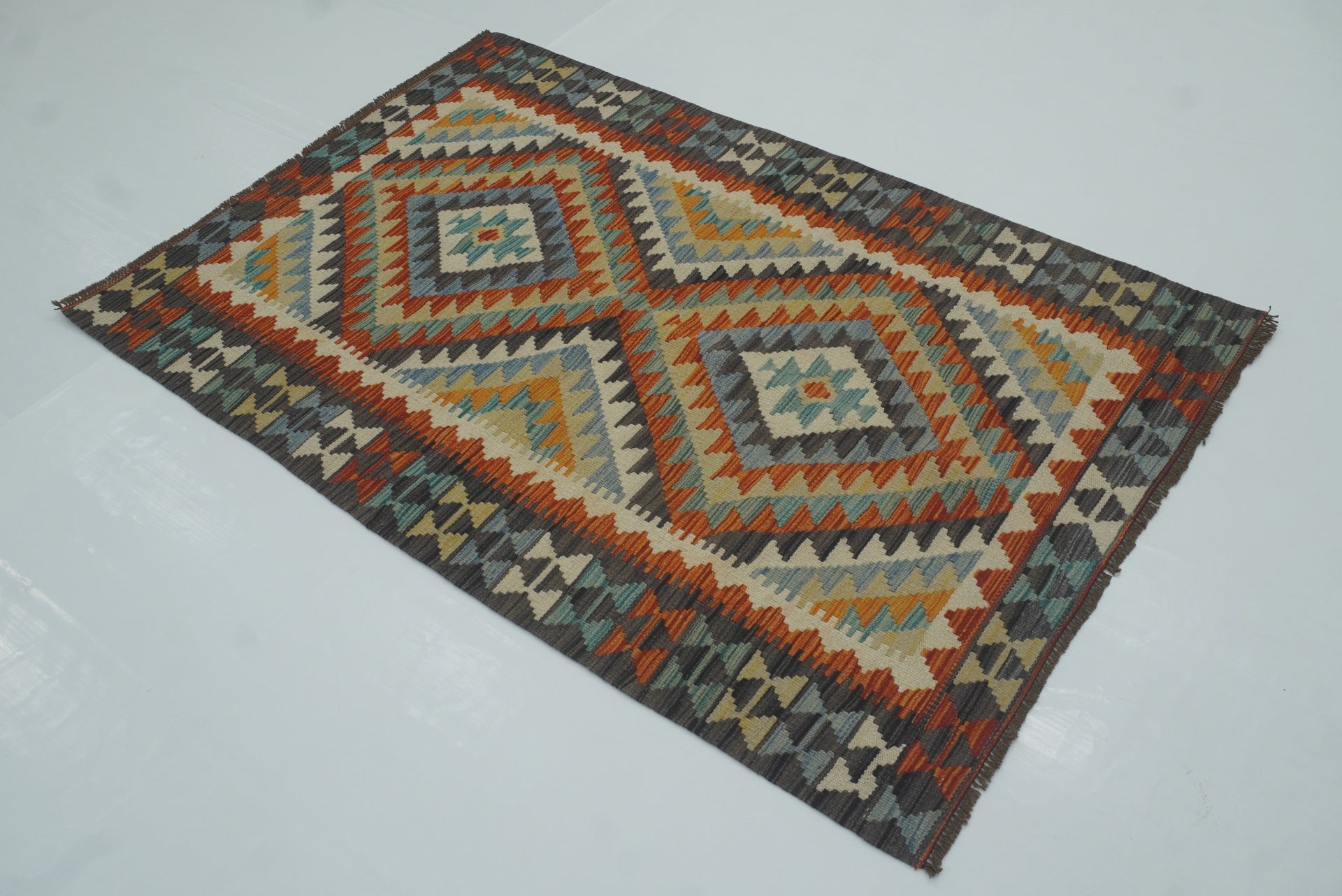 3x5 Gray Afghan Handmade Geometric Kilim Rug