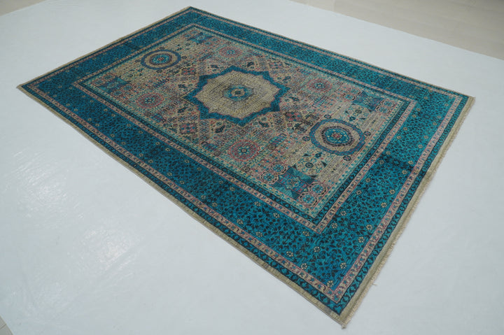 6x8 Gray Blue Mamluk Turkish Hand Knotted Geometric Medallion Rug