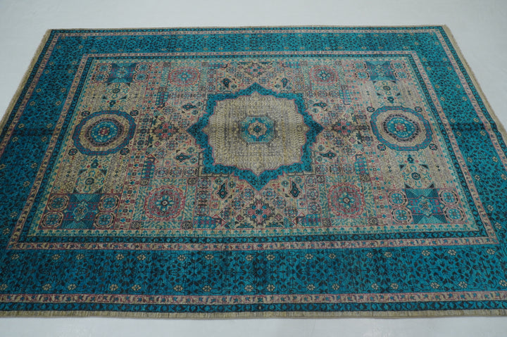 6x8 Gray Blue Mamluk Turkish Hand Knotted Geometric Medallion Rug