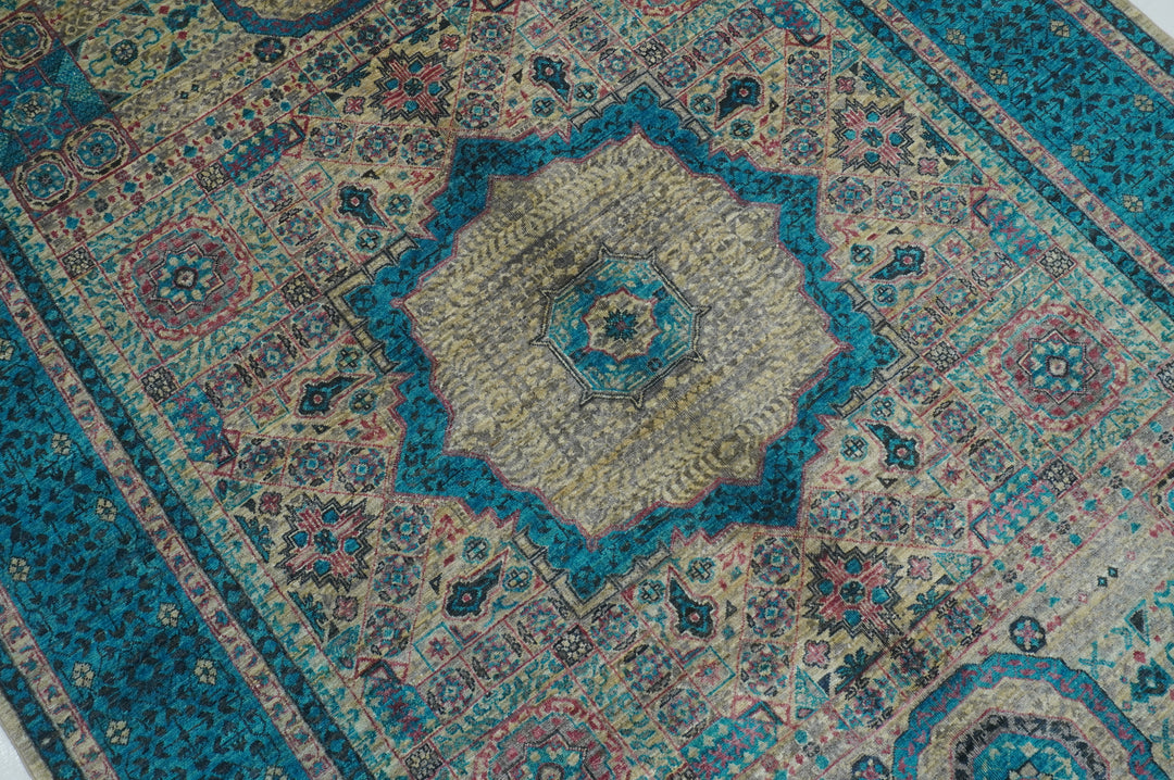 6x8 Gray Blue Mamluk Turkish Hand Knotted Geometric Medallion Rug