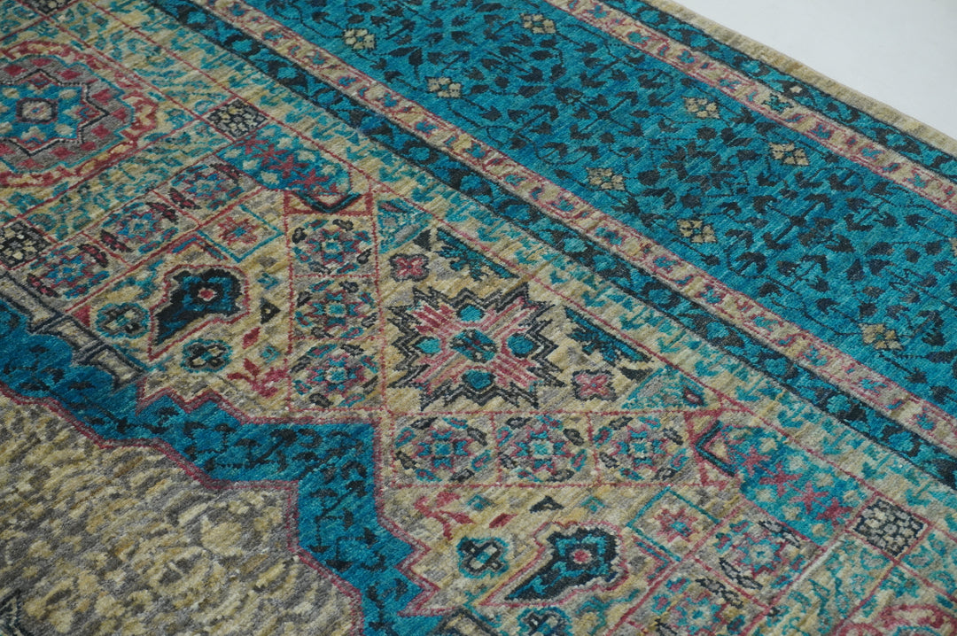 6x8 Gray Blue Mamluk Turkish Hand Knotted Geometric Medallion Rug