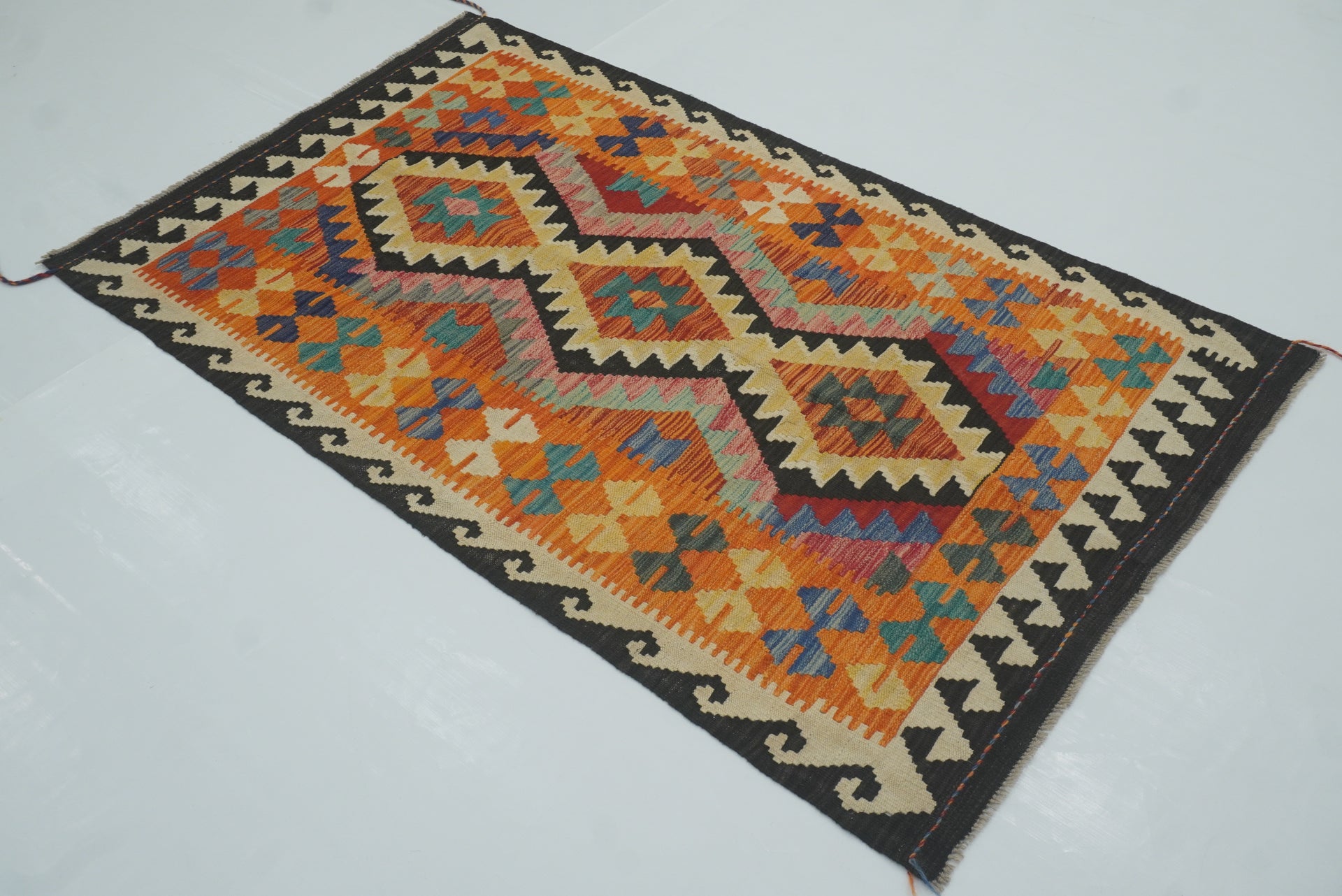 3x5 Orange Afghan Handmade Geometric Kilim Rug