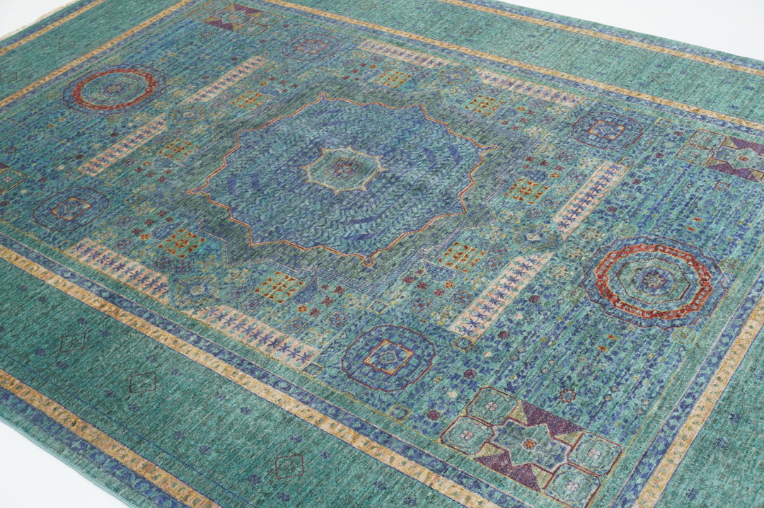 6x8 Blue Green Mamluk Turkish Hand Knotted Medallion Rug - Yildiz Rugs