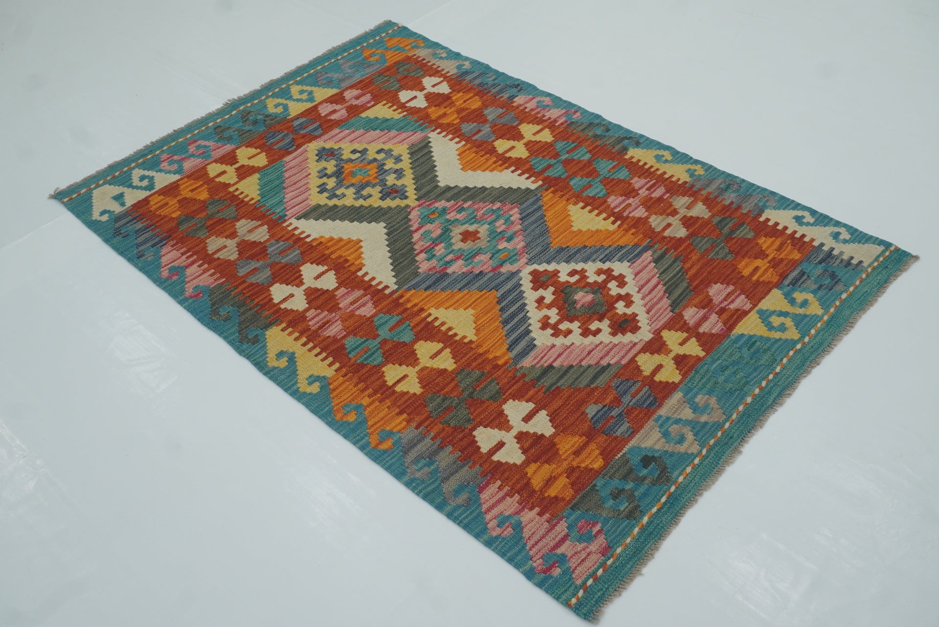 3x5 Red Afghan Handmade Geometric Kilim Rug