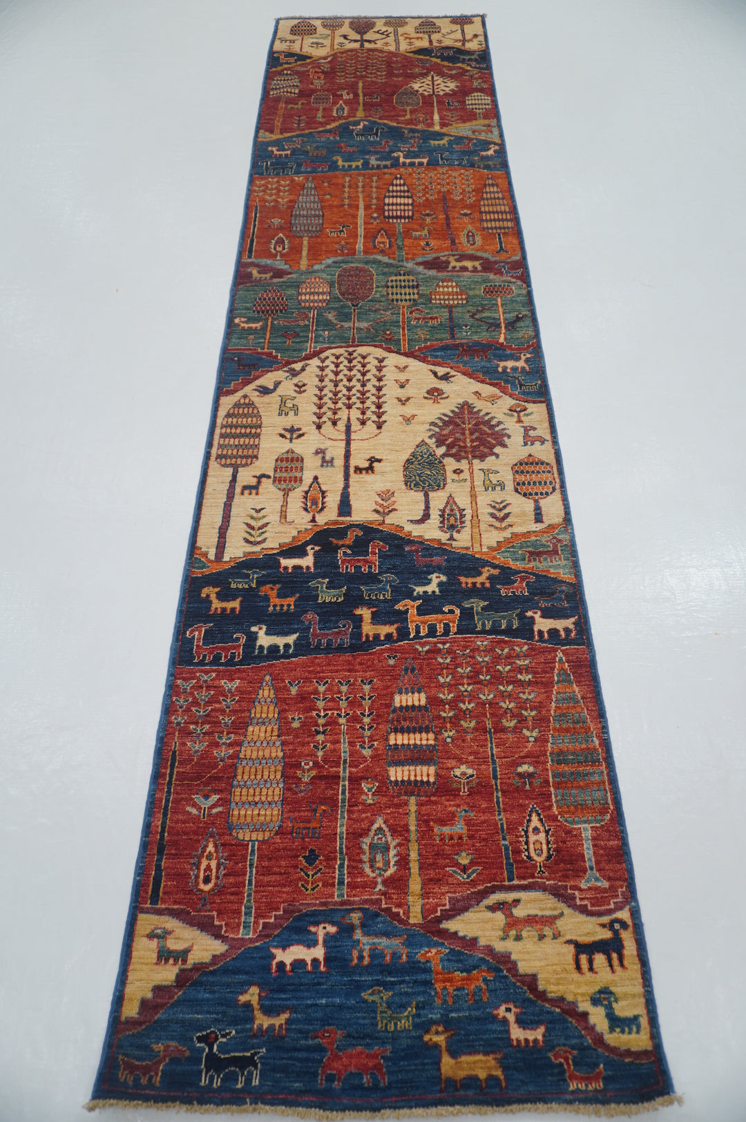 SOLD 12 ft Blue Gabbeh Tree of Life Animal Landscape Hand knotted Runner Rug