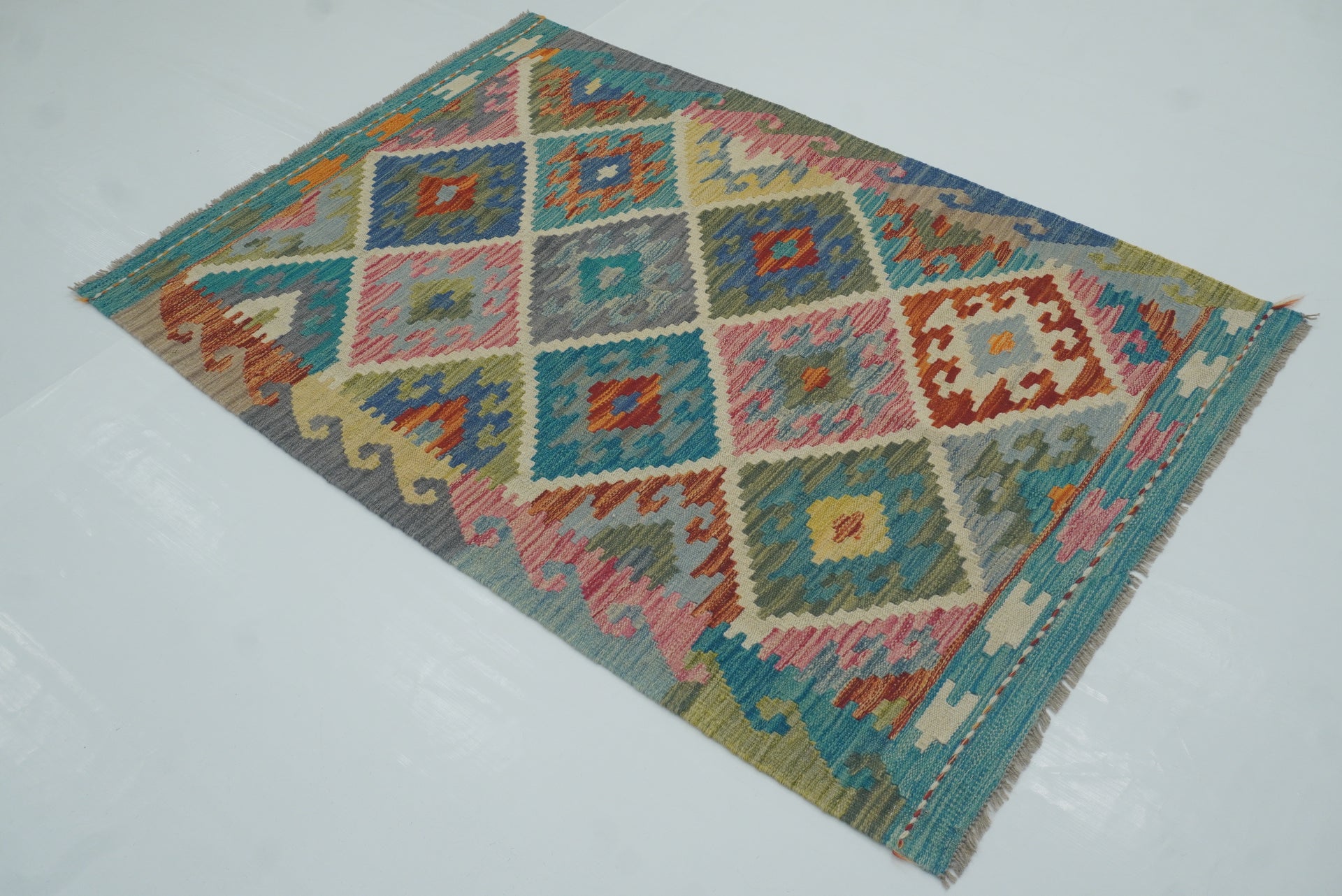 3x5 Turquoise Blue Afghan Handmade Geometric Kilim Rug