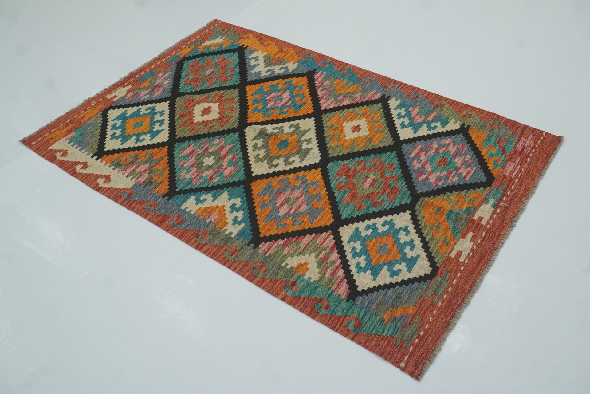 3x5 Red Black Afghan Handmade Geometric Kilim Rug