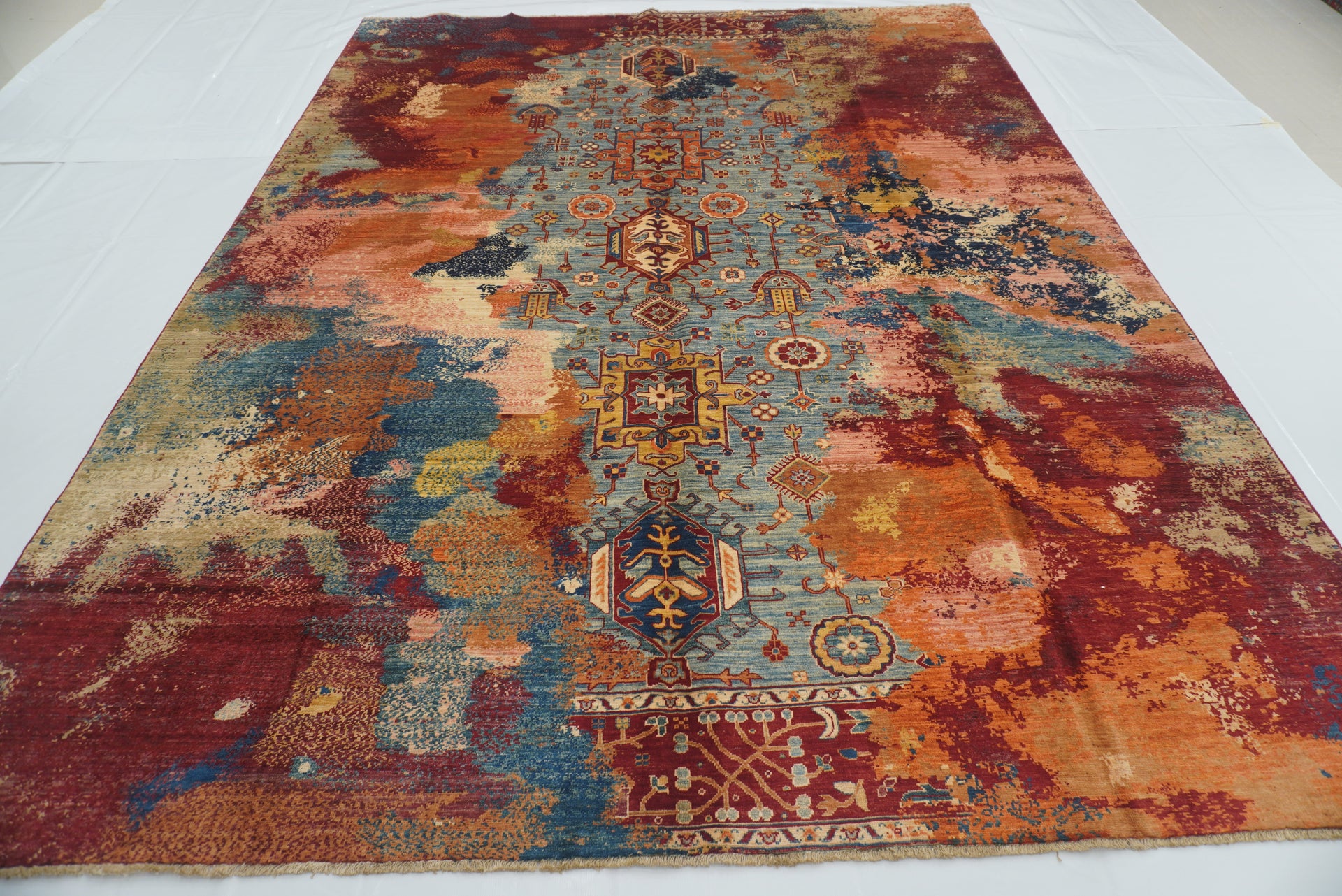 9x12 Blue Karaja Afghan Hand-Knotted Modern Rug