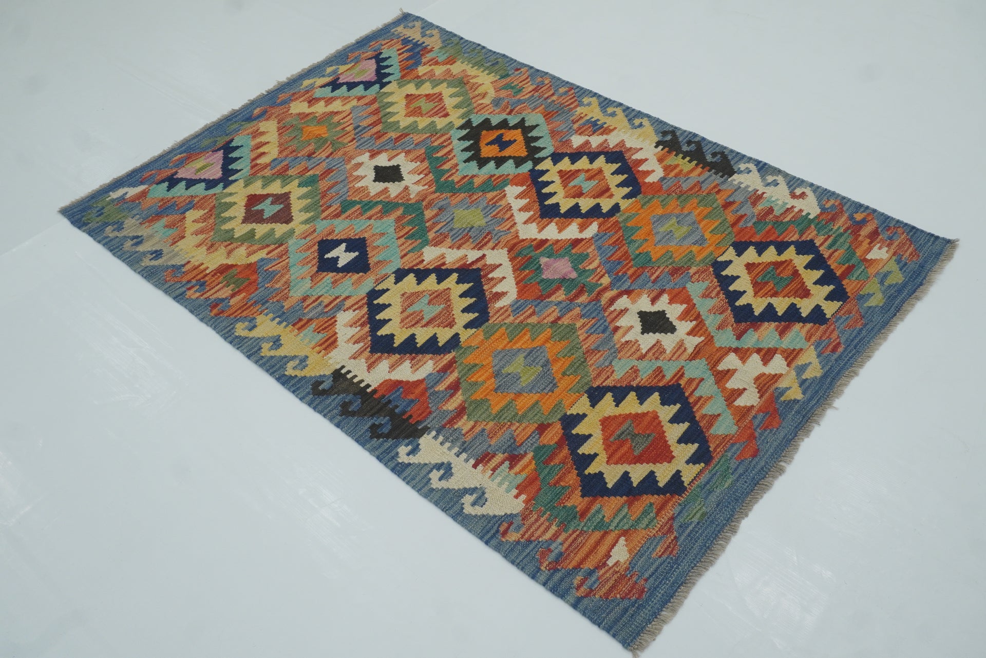 3x5 Red Blue Afghan Handmade Wool Kilim Rug