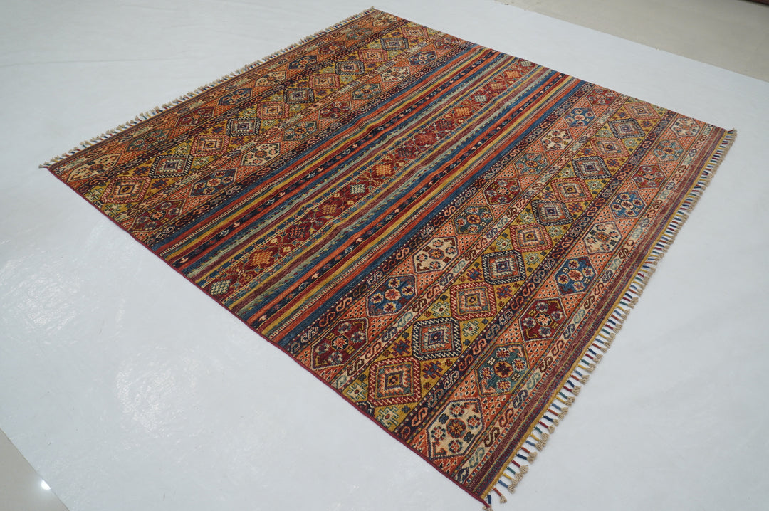 7x7 Red Afghan Hand knotted Square Tribal Rug