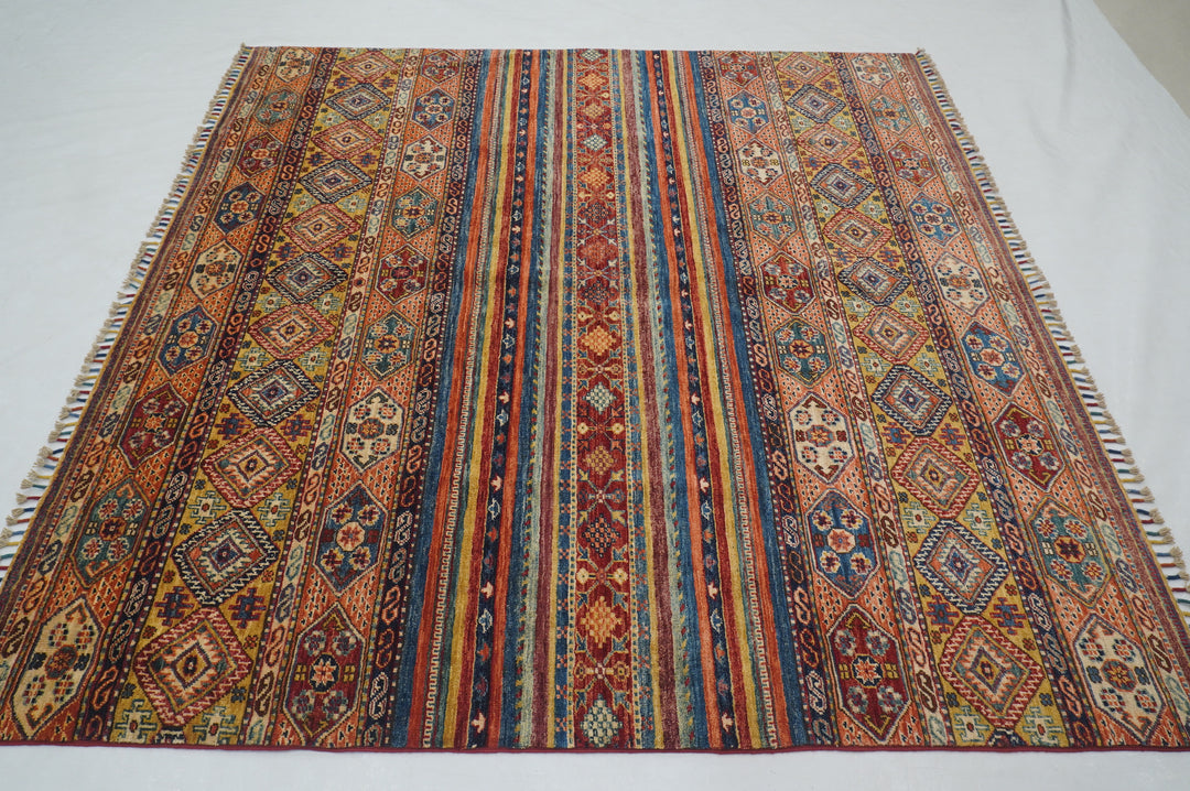 7x7 Red Afghan Hand knotted Square Tribal Rug