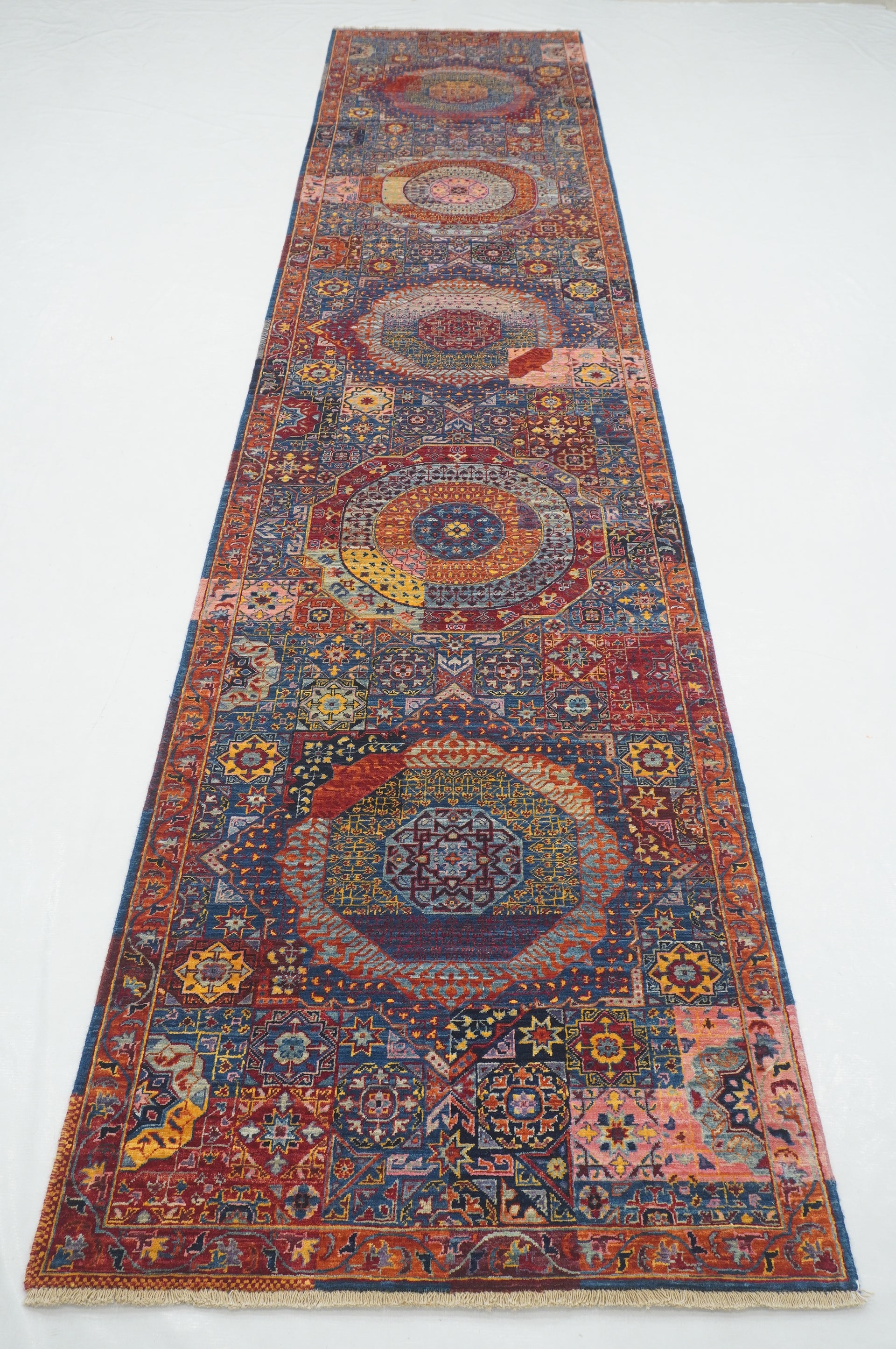 13 ft Blue Mamluk Afghan Hand knotted Medallion Runner Rug