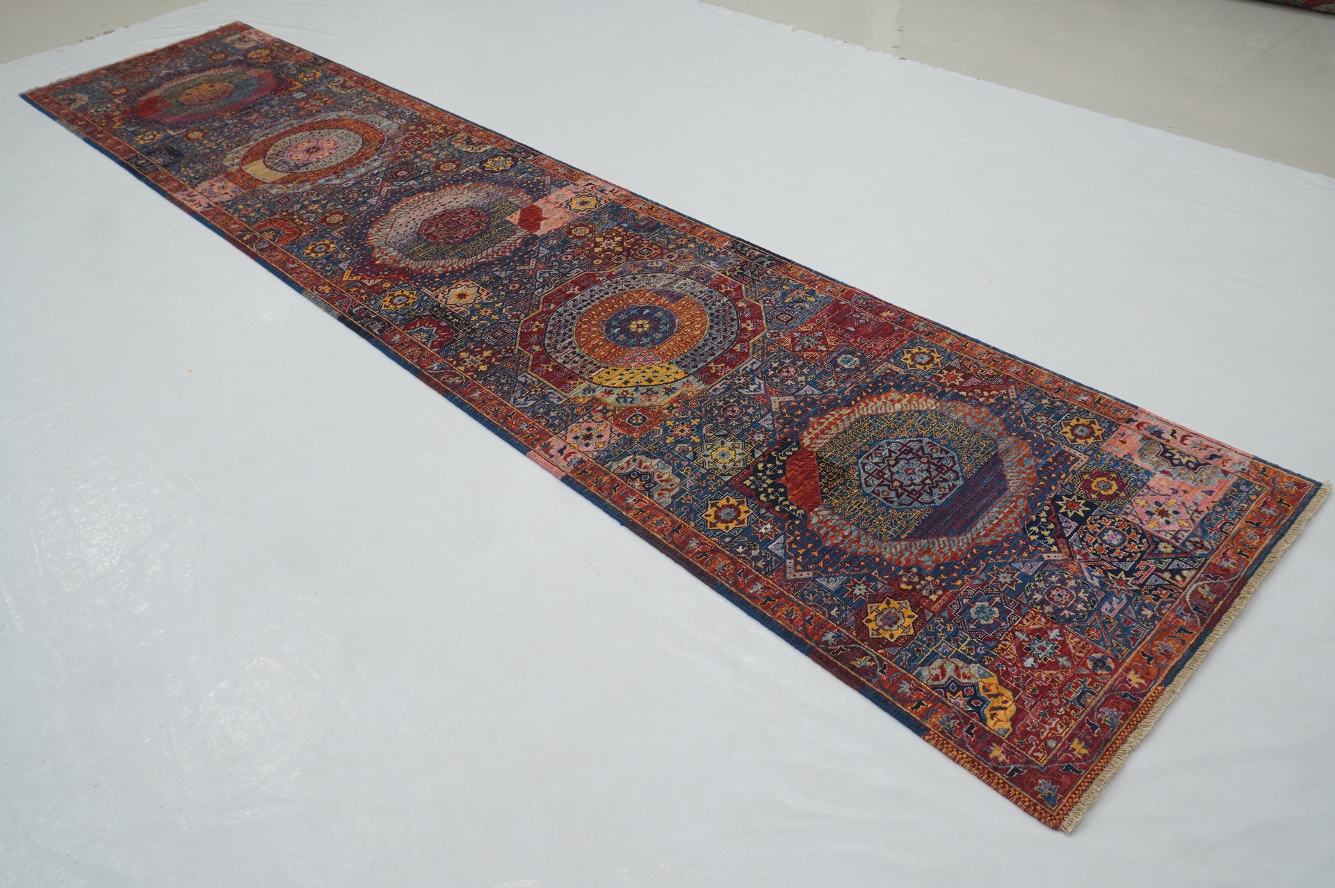 13 ft Blue Mamluk Afghan Hand knotted Medallion Runner Rug