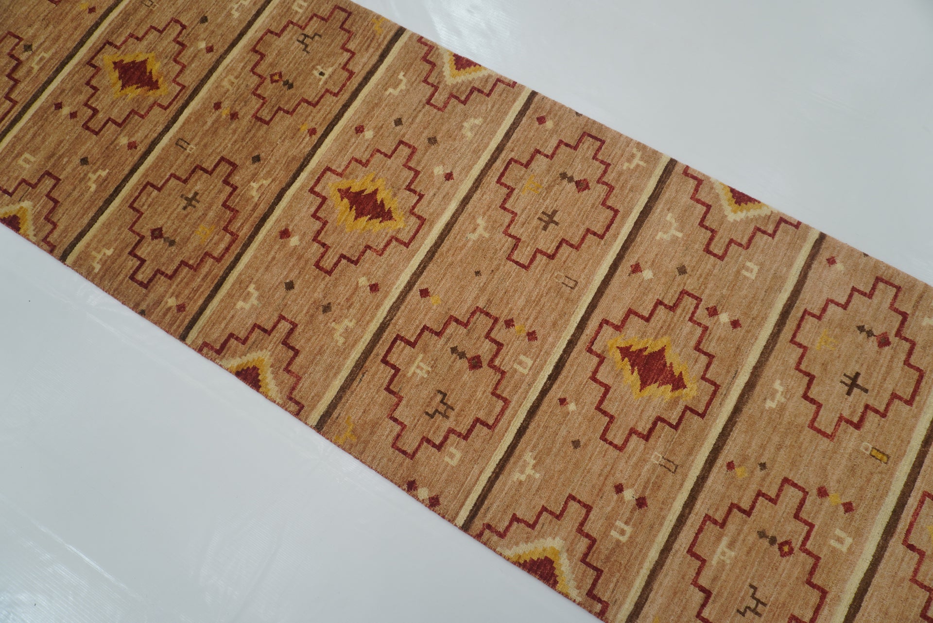 10 ft Brown Southwestern Afghan Hand-Knotted Runner Rug