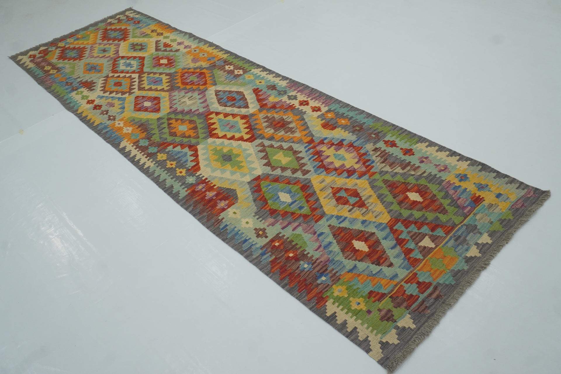 3x10 Gray Afghan Handmade Wool Kilim Runner Rug - Yildiz Rugs