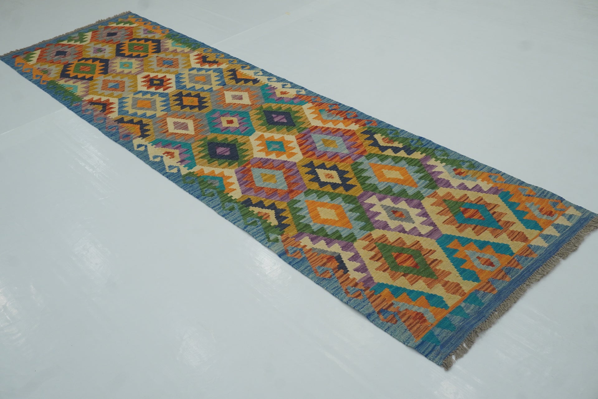 3x10 Blue Afghan Handmade Wool Kilim Runner Rug