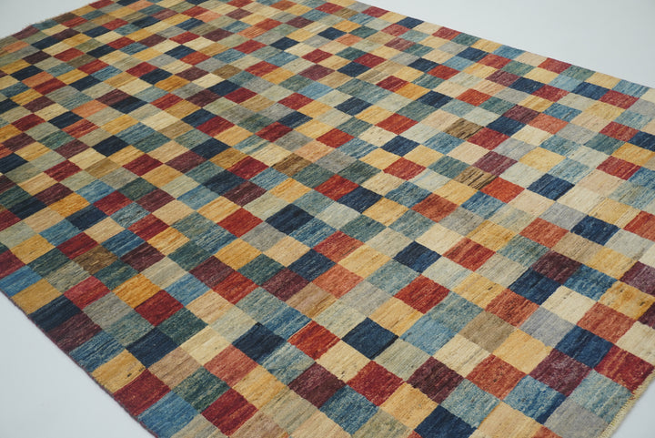 6'4"x9'6" Checkered Gabbeh Hand-Knotted Afghan Rug - Yildiz Rugs
