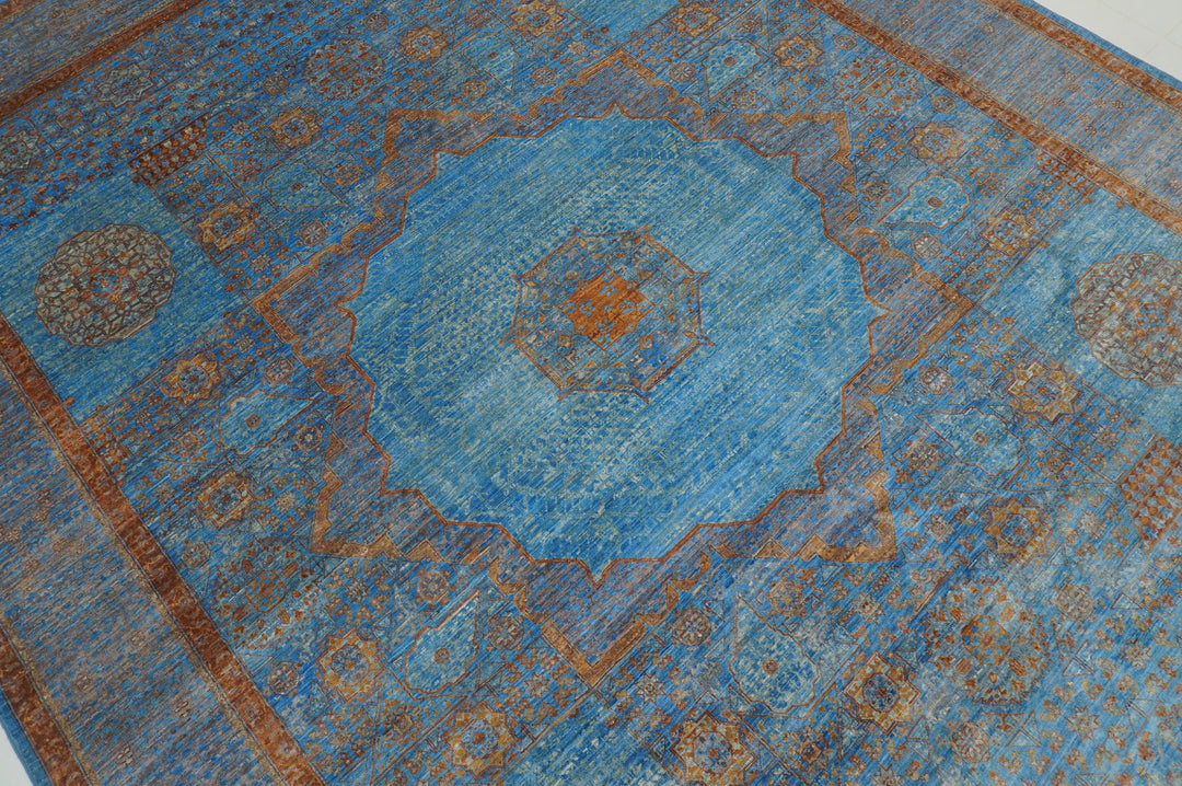 9x12 Bright Blue Mamluk Turkish Hand knotted Medallion Rug