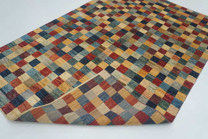 6'4"x9'6" Checkered Gabbeh Hand-Knotted Afghan Rug - Yildiz Rugs