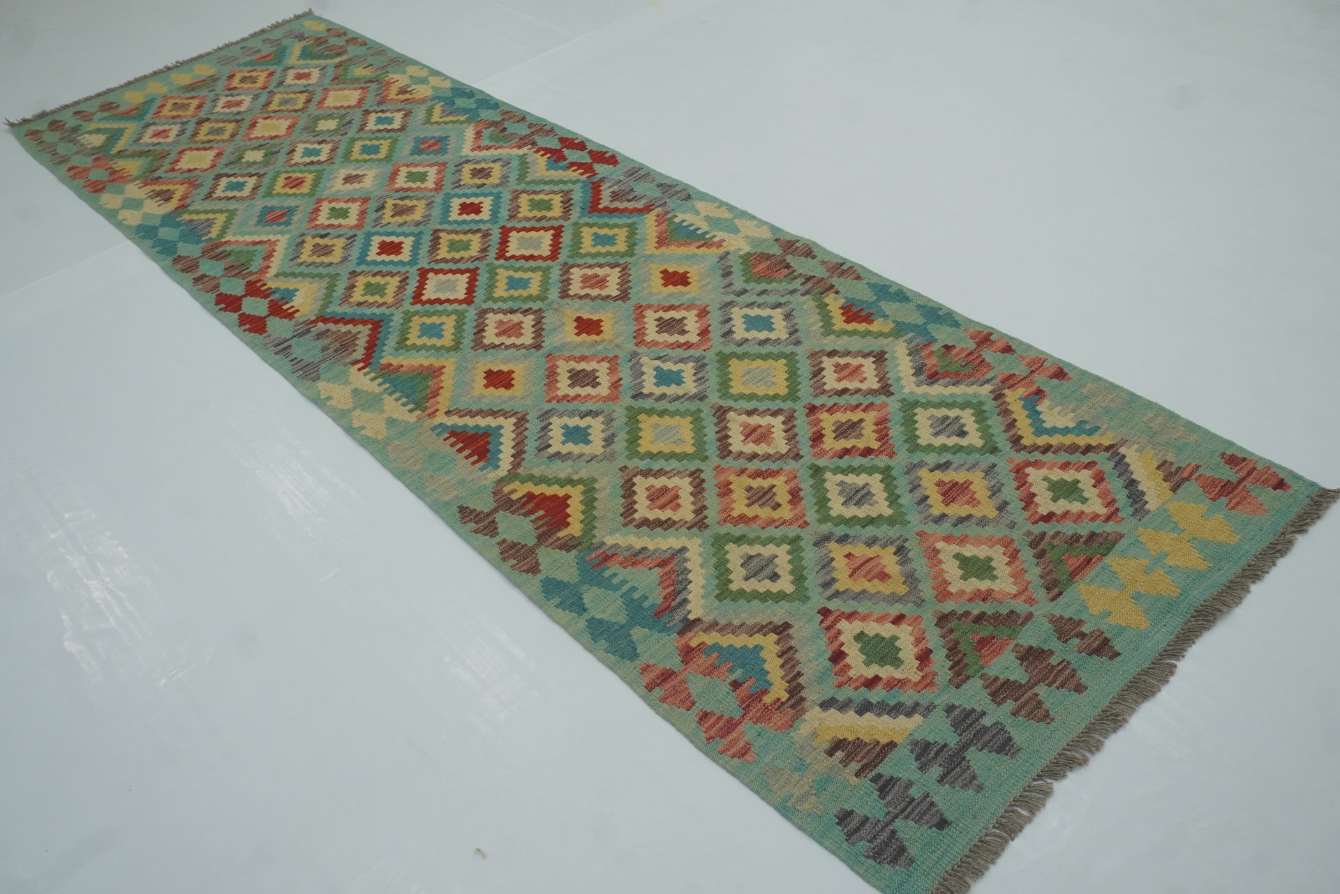 3x10 Blue Afghan Handmade Wool Kilim Runner Rug