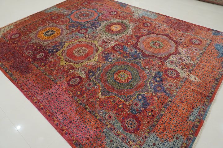 9x12 Red Mamluk Turkish Hand Knotted Modern Medallion Rug