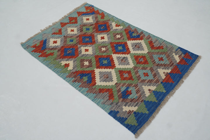 3x4 Green Blue Kilim Afghan Hand woven Flat weave Reversible Rug