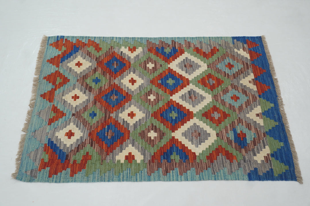 3x4 Green Blue Kilim Afghan Hand woven Flat weave Reversible Rug