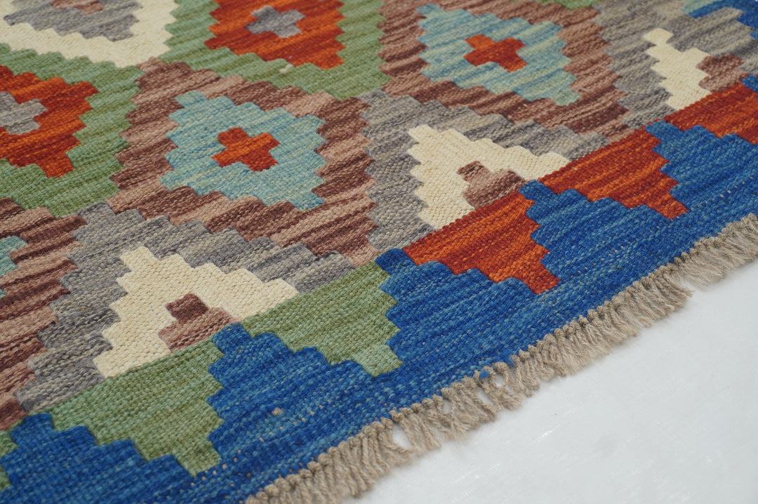 3x4 Green Blue Kilim Afghan Hand woven Flat weave Reversible Rug