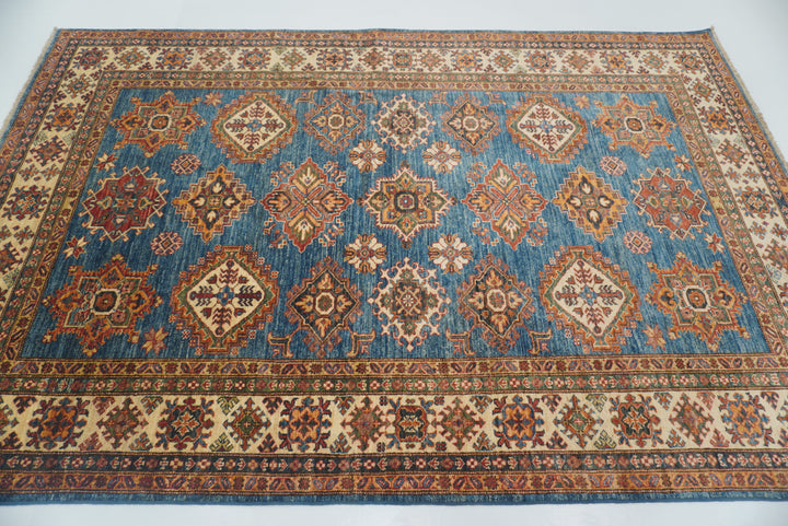 6x9 Blue Kazak Afghan Hand-Knotted Oriental Rug - Yildiz Rugs