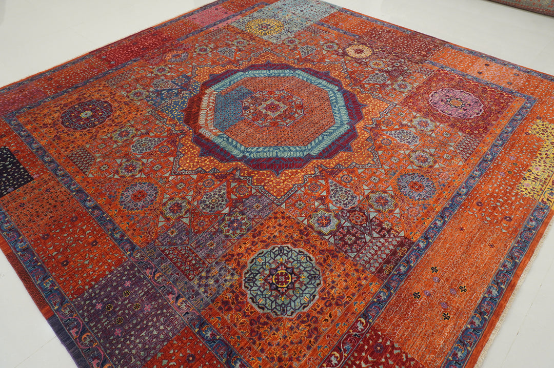 10x10 Rusty Orange Mamluk Turkish Medallion Square Rug