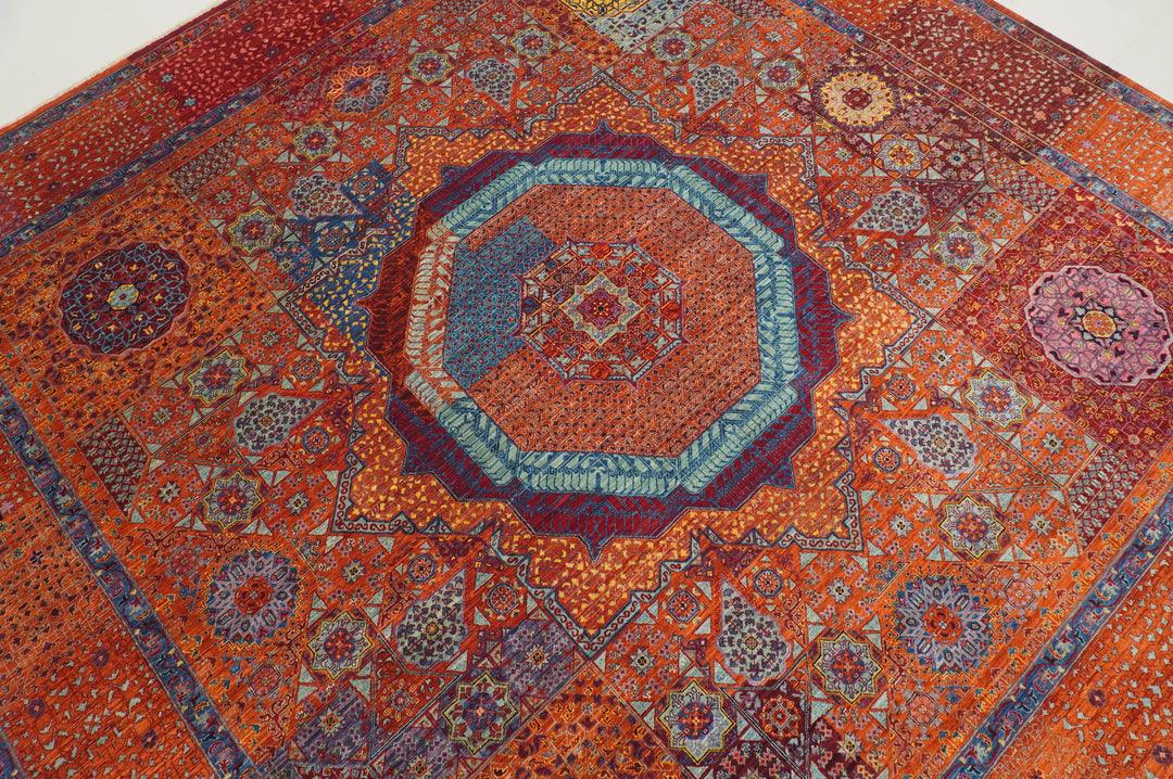 10x10 Rusty Orange Mamluk Turkish Medallion Square Rug