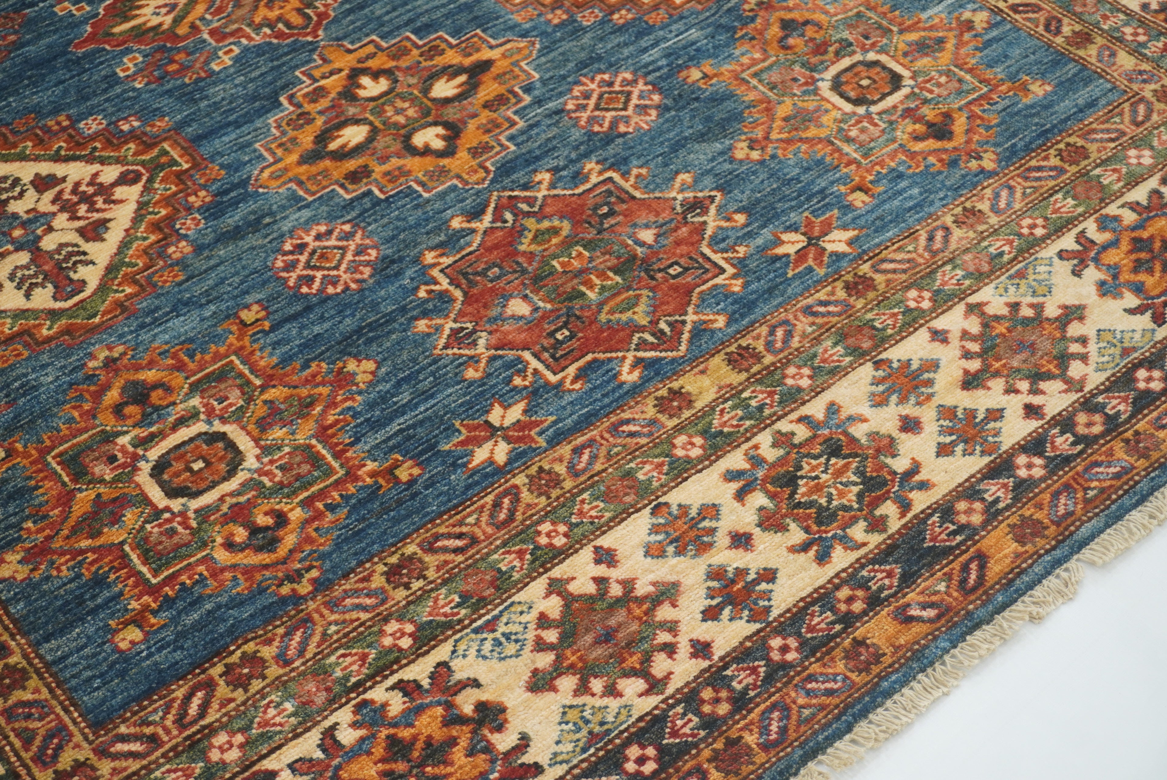 6x9 Blue Kazak Afghan Hand-Knotted Oriental Rug - Yildiz Rugs