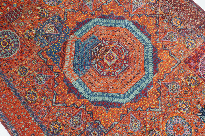 6x9 Orange Mamluk Turkish Hand Knotted Geometric Medallion Rug - Yildiz Rugs