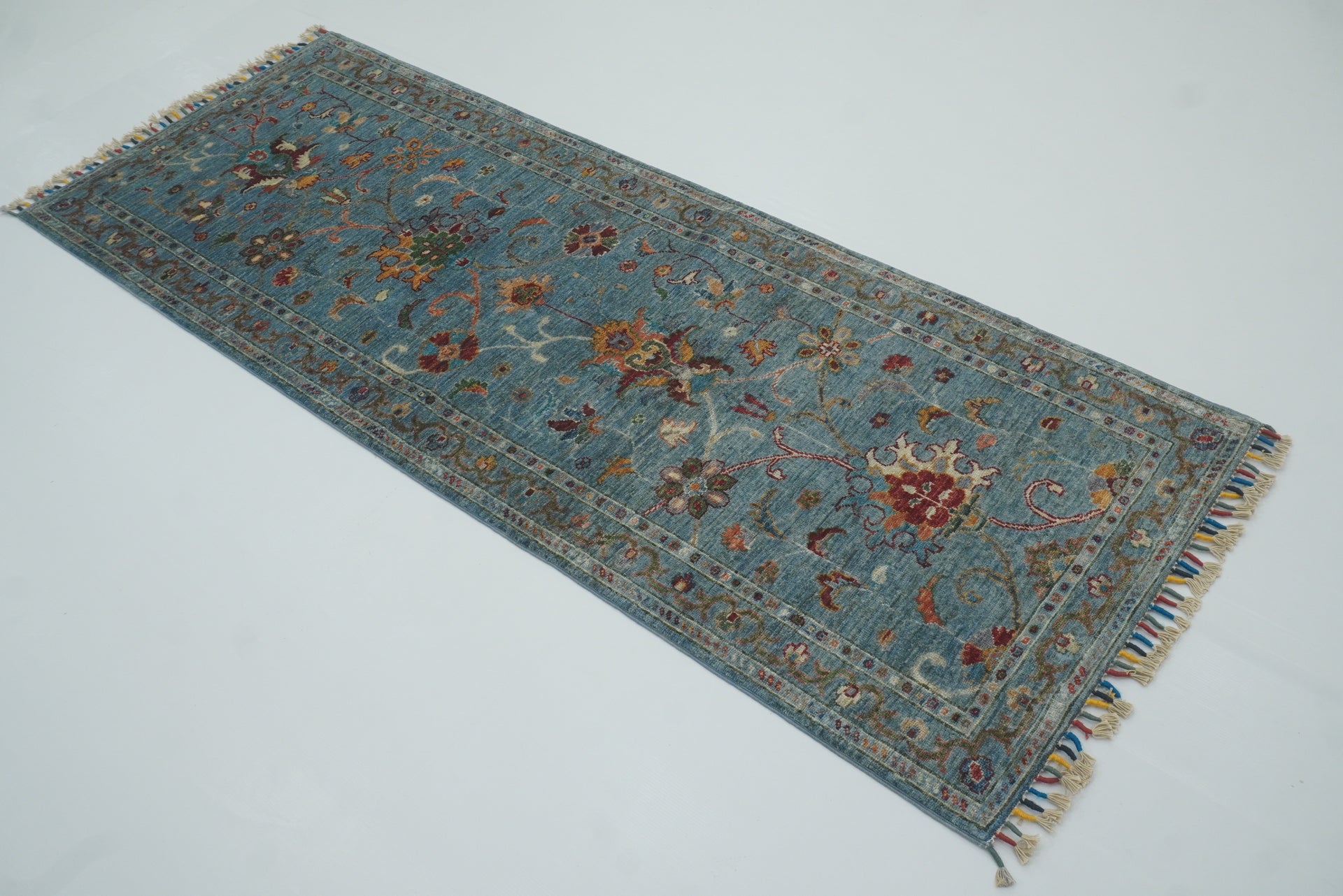 7 ft Blue Waziri Afghan Hand-Knotted Runner Rug