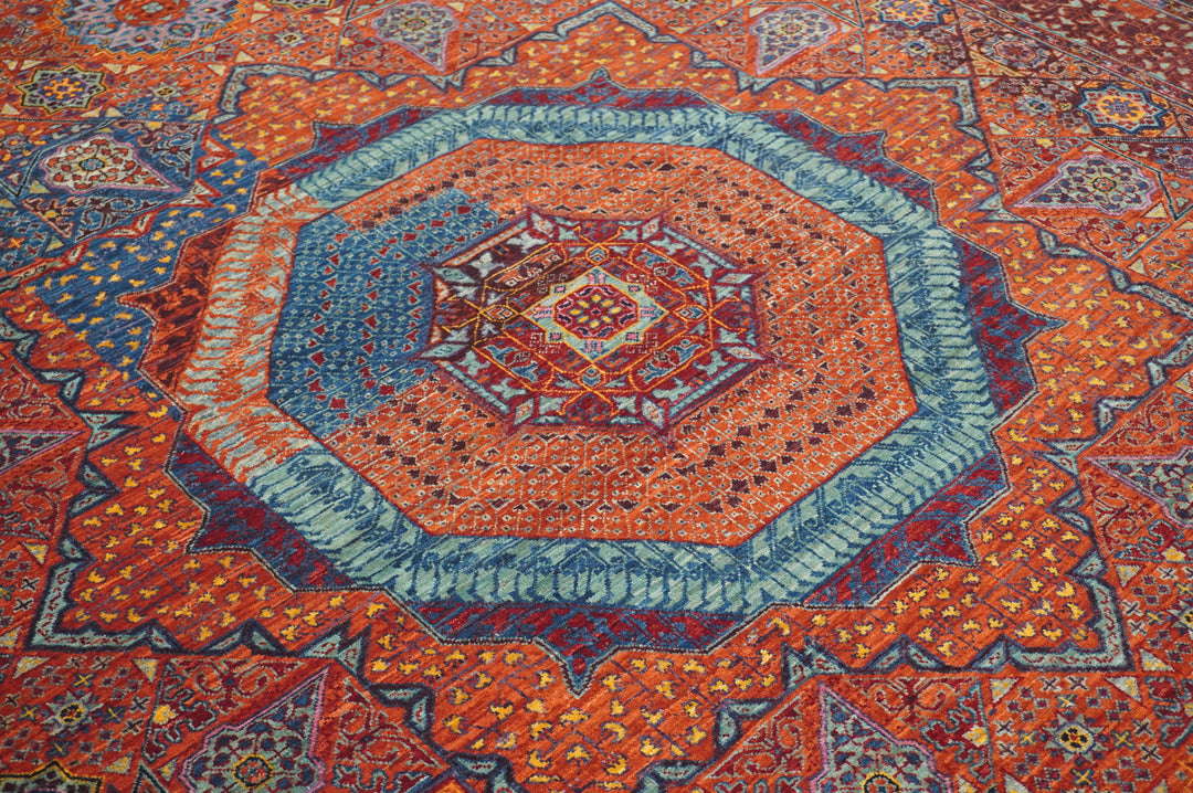 6x9 Orange Mamluk Turkish Hand Knotted Geometric Medallion Rug - Yildiz Rugs