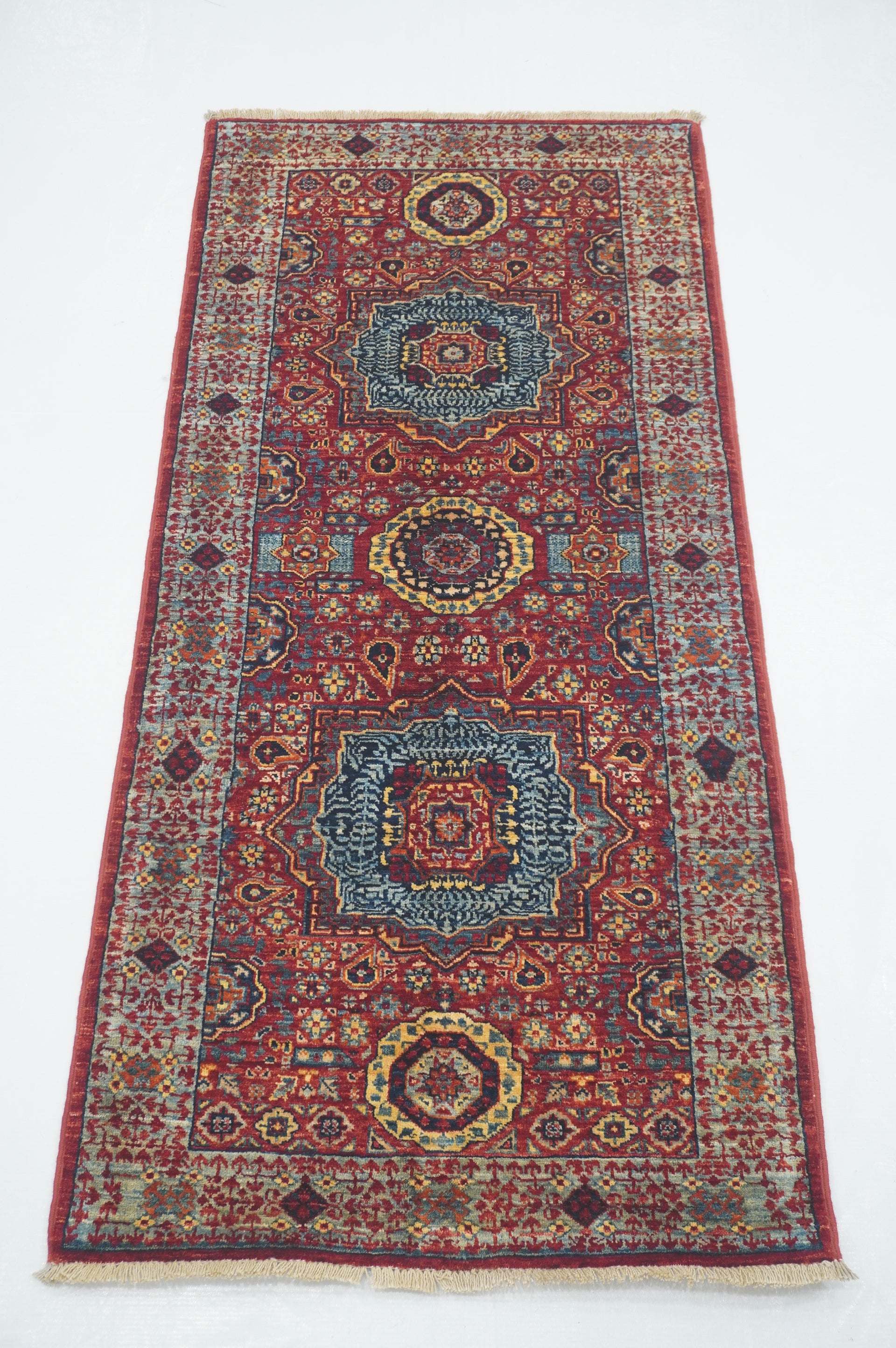 2x5 Red Mamluk Turkish Hand knotted Runner Rug - Yildiz Rugs