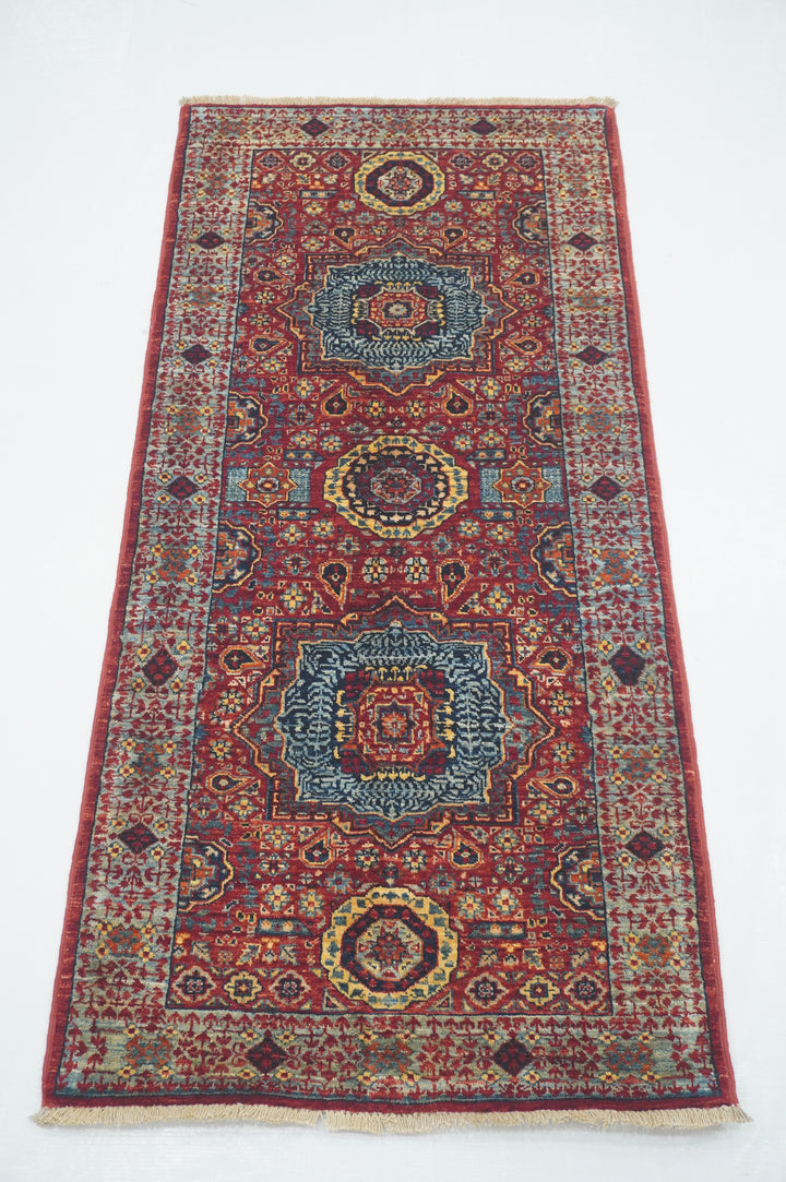 2x5 Red Mamluk Turkish Hand knotted Runner Rug - Yildiz Rugs