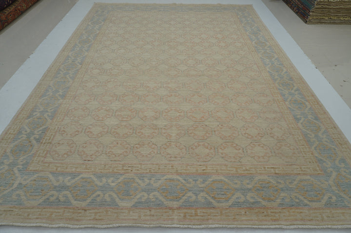 9x12 Muted Beige Khotan Vintage Afghan Hand knotted geometric Rug - Yildiz Rugs