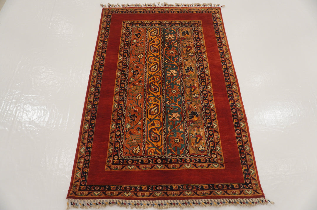 Red 3x5 Turkish Shawl Pattern Natural Dye Hand Knotted Striped Rug - Yildiz Rugs