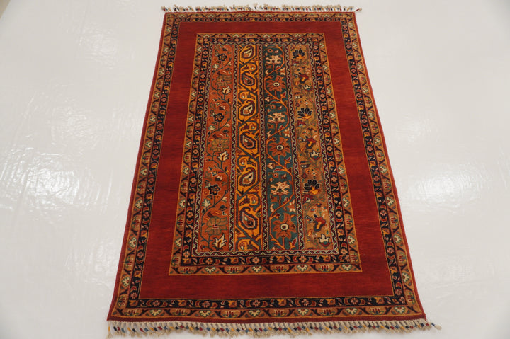 Red 3x5 Turkish Shawl Pattern Natural Dye Hand Knotted Striped Rug - Yildiz Rugs