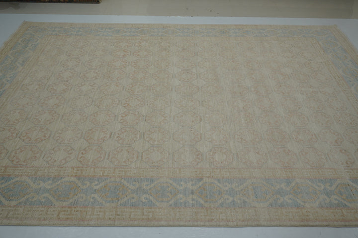 9x12 Muted Beige Khotan Vintage Afghan Hand knotted geometric Rug - Yildiz Rugs