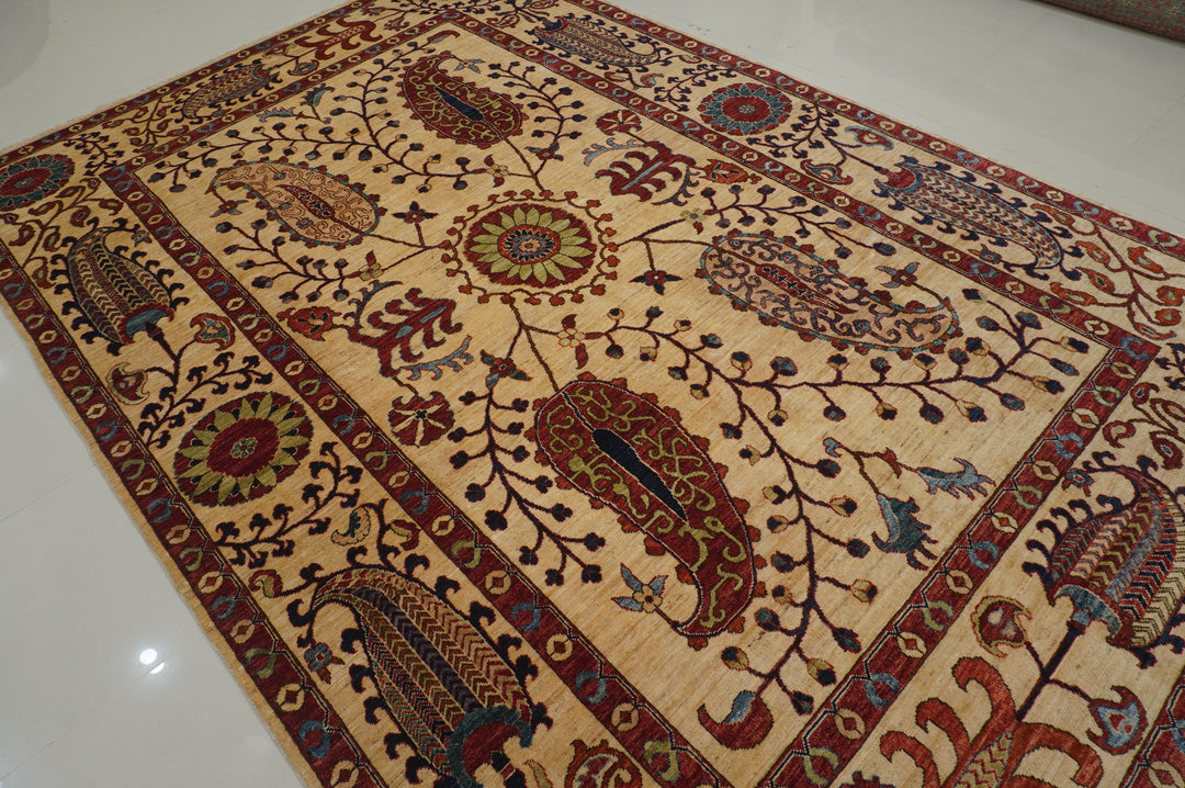 8'3x12'6 Beige Suzani Afghan Hand knotted Floral Rug