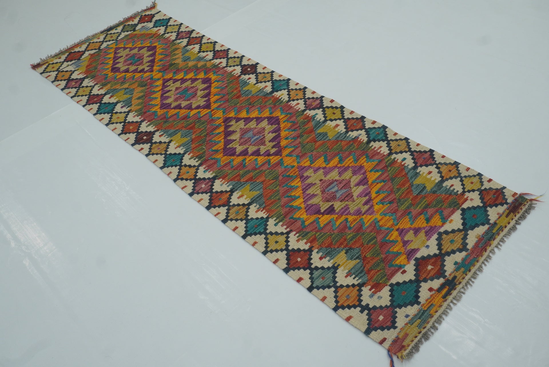 2x7 Ivory Afghan Handmade Wool Kilim Runner Rug