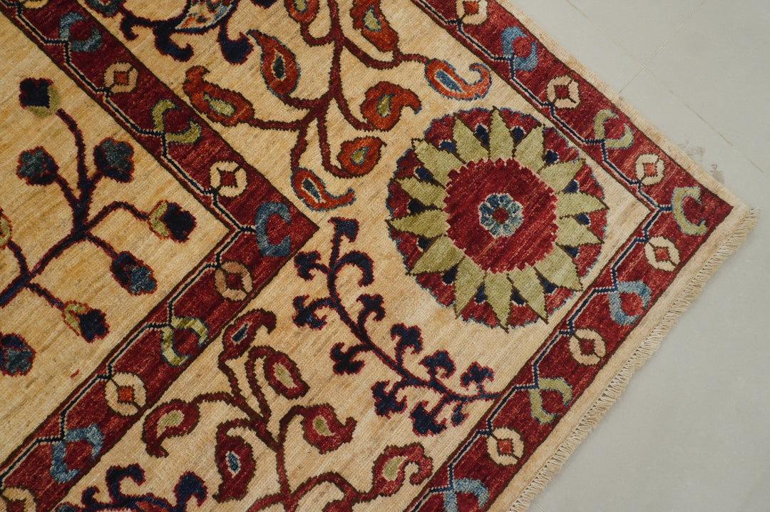 8'3x12'6 Beige Suzani Afghan Hand knotted Floral Rug