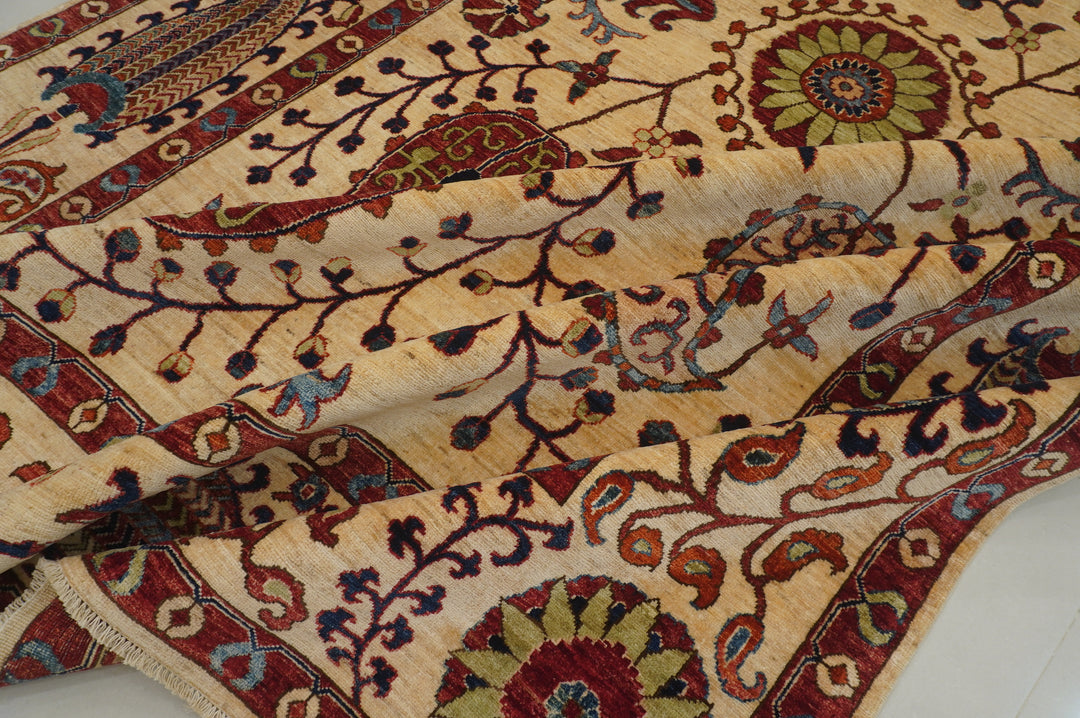 8'3x12'6 Beige Suzani Afghan Hand knotted Floral Rug