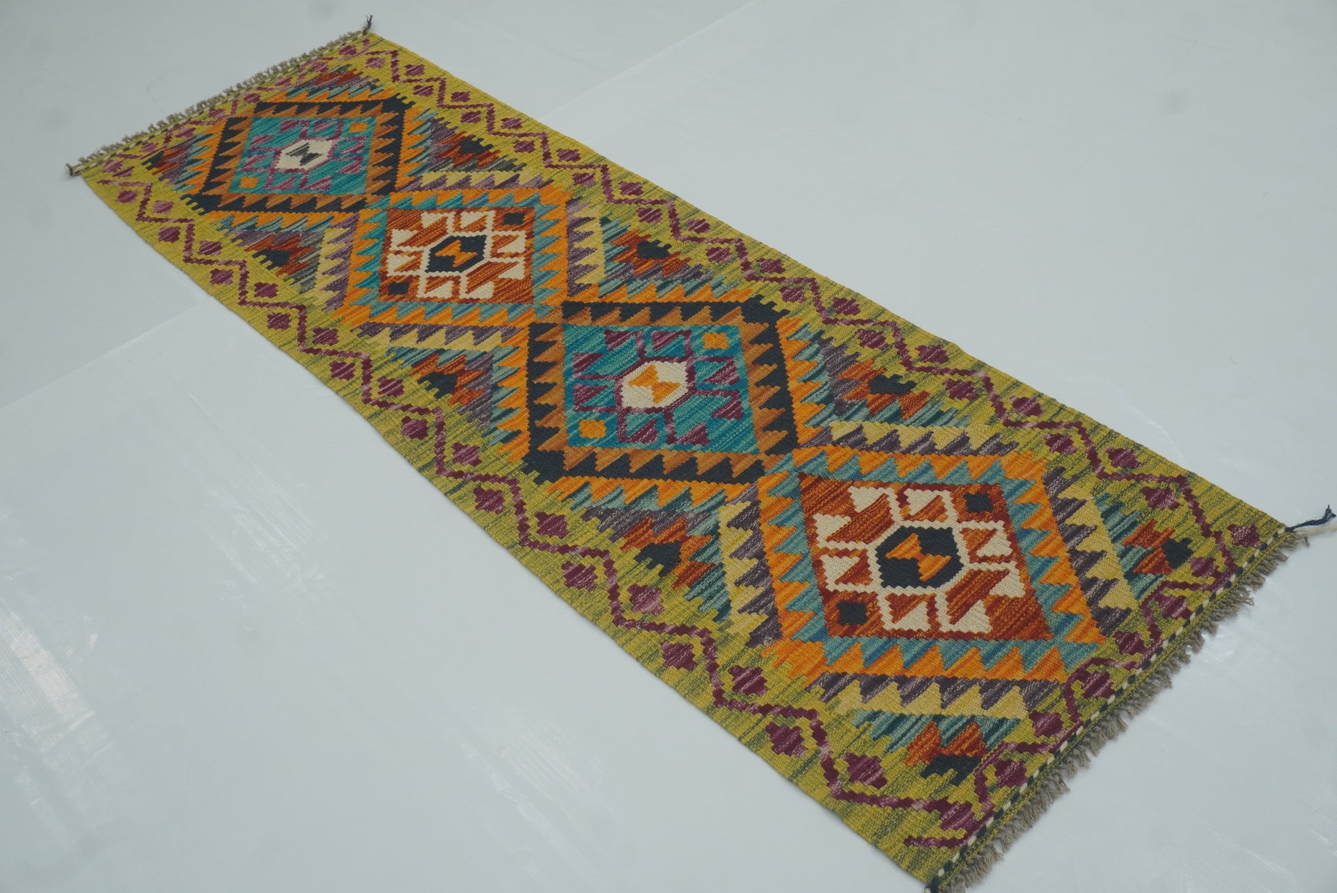 2x6 Green Afghan Handmade Wool Kilim Runner Rug
