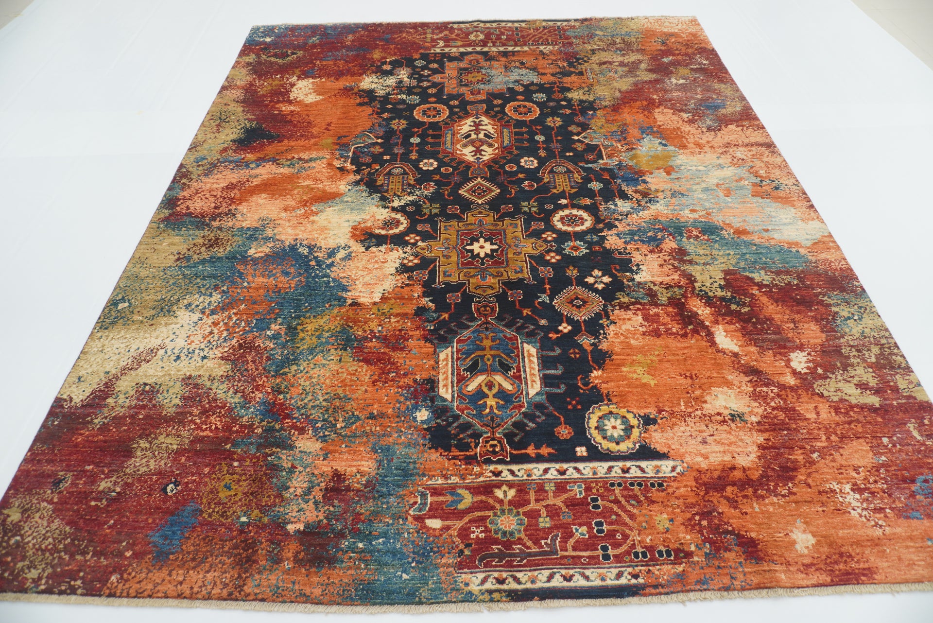 8x10 Navy Blue Karaja Rug: Afghan Hand-Knotted Wool Modern Rug