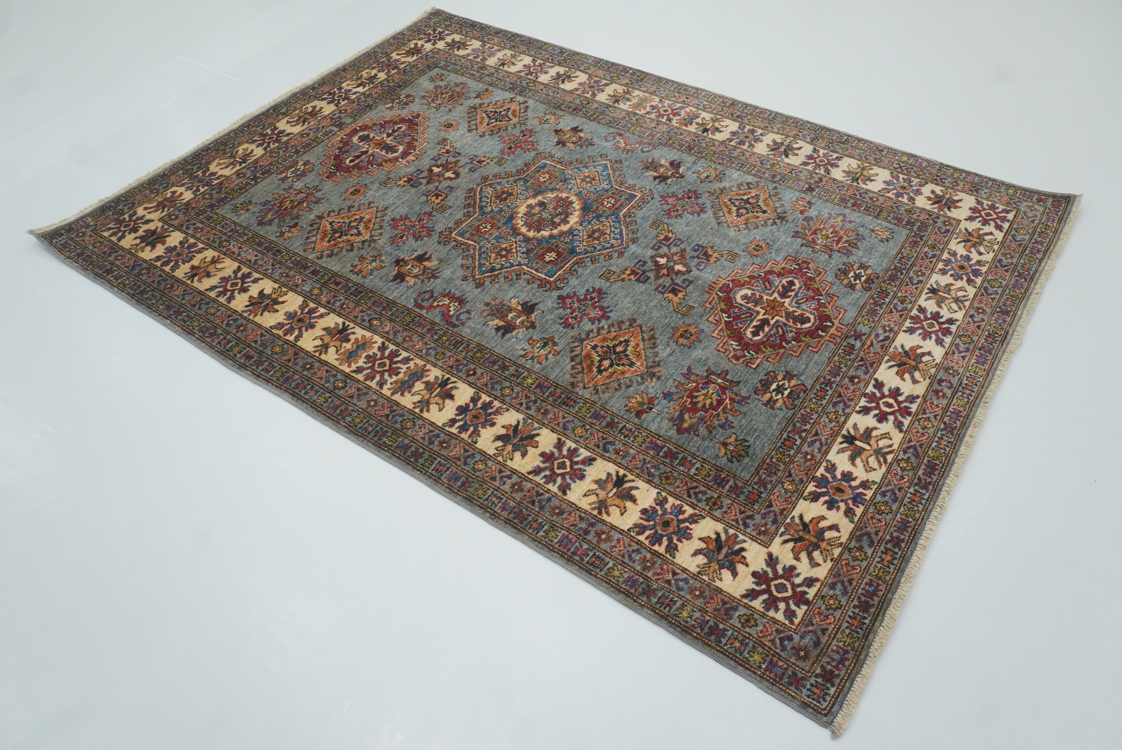 5x7 Gray Kazak Hand Knotted Afghan Rug - Yildiz Rugs